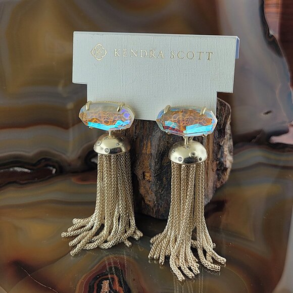 New Kendra Scott Freya Gold Tassel Statement Earrings Dichroic Glass - Picture 1 of 6